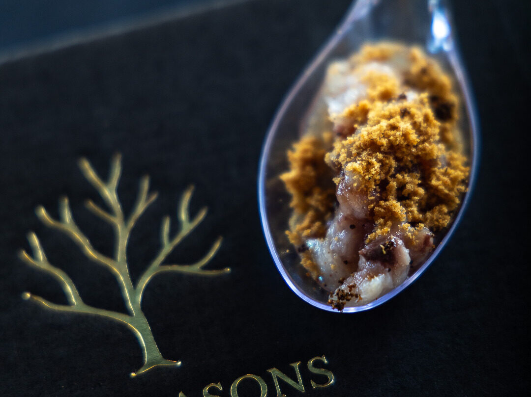 A single spoonful of tartare with toasted crumb, resting on the gold-embossed Five Seasons menu cover